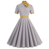 Retro Women's Plaid Dress Stand Neck Short Sleeve Cotton Dresses Lace Up Bow Tie Pleated Swing Vestidos Vintage Court Dresses