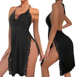 Sexy Leopard Print Backless Nightgown with Lace Trim, Deep V Halter Lingerie Dress for Women, Side Slit Soft Nightwear Sexy Chic