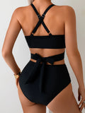 Sexy Black Mesh Patchwork Bikini Set 2026 Women Hanging Neck Bandage Cross High Waist Swimsuit Beach Bathing Suit Swimwear