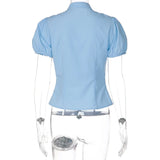 FDYOUI Fashion Stand Collar Lace-up Hollow Out T-shirts Women Chic Short Sleeve Single Breasted Crop Top Folds Solid Tee Shirt