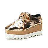 Luxury Stars Chunky Platform Brogue Shoes Women Lace Up Thick Sole Patent Leather Shoes Woman Non Slip Wedges Oxford Flats Mujer
