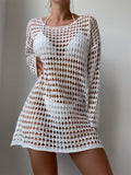Womens Beach Cover Up Knit Solid Color Long Sleeve Dress Sexy Slim-Fit Beachwear Cover Up Beach Holiday Sun Protection Clothing