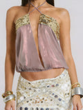 Women Gold Embellished Sheer Chiffon Open Front Camisole Summer Boho Sequin Halter Neck Crop Top for Party Festival