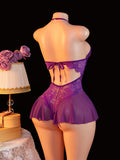 Adult Erotic Bodysuit Lace Hanging Collar Deep V-neck Semi Transparent Women Sexy Lingerie Crotchless Hot Underwear