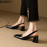 NASBAVI Slingback Sandals Summer Shoes Elegant Pink Black Nude Medium Heels Pumps Close Toe Office Party Shoe Female Large Size