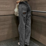Women's Jeans Trend High-Waisted Distressed Skinny Straight-Leg Jeans Solid Color Distressed Finish Button-Fly Zipper Trousers