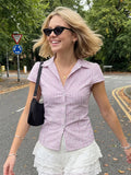 Women's Button Down Shirt Solid Color Short Sleeve Slim Fit Lapel Ruched Tops and Blouses Streetwear 2026 Summer