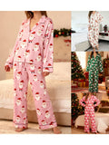 Women’s 2025 Christmas Pajamas Set Long Sleeve Oversized Button Down Shirt and Long Pants Two Pieces Loungewear