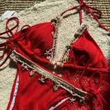 With Mesh Sarong Wrinkled Halter Shell Bikini Female Swimsuit Women Swimwear Three-pieces Bikini Set Bathing Suit Swim Beachwear