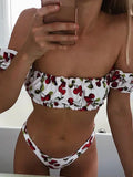Cherry Print Off Shoulder Bikini 2025 High Cut Swimsuit Women Female Brazilian Swimwear Two pieces Bikini set Bathing Suit Swim