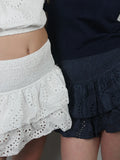 Shirred Mini Skirt A-Line Pointelle High Waist Layered Ruffle Skirt for Women 2024 Summer Solid Color Sweet Skirts
