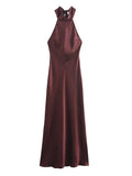 Foridol Halter Satin Dress Women Sexy Backless Burgundy summer spring Dress Elegant Maxi Long Party Dress Christmas Vestidos