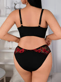 Plus Size Coquette Lingerie Set, Peony Embroidered Lace Spliced Bra for Full Bust Support
