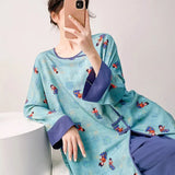 Plus size mother's cotton silk pajamas spring and summer new Chinese style can be worn outside home clothes Mother's Day gift