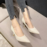 Fashion Tweed Cloth Stiletto Heel Pumps Women Elegant Pointed Toe High Heel Shoes Woman Brand Thin Heeled Party Dress Shoes