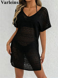 S - XL V Neck Short Sleeve Hollow Out Knitted Tunic Beach Cover Up Cover-ups Beach Dress Beach Wear Beachwear Female Women V8214