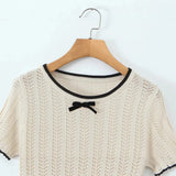 Fashion Casual Knitted Shirt With Black Trim Bow Knit T Shirt Short Sleeve Hollow Out Crew Neck Top For Women Daily Outfit EMZE