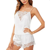 2PCS Sexy Pajama Set Women Sexy Lace Patchwork Satin Silk Suspender Top Hot Shorts Sleepwear Women Nightgown Female Sleepwear