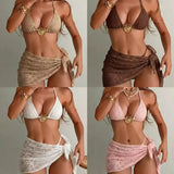 Sexy Mesh Cover Up 3 Piece Bikini Set 2026 Women White Metal Circle Push Up Bra Thong Swimwear Holiday Bathing Suit Swimsuit
