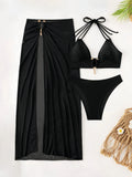 3 Pieces Halter Bikinis 2026 Solid Swimwear Female Sexy Swimsuit Women With Mesh Beach Dress Bathers Bathing Swimming Swim Suit