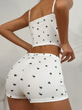 Women Summer Pajamas Sleepwear Heart Print Casual Backless Crop Cami Top & High Waist Shorts 2 Pieces Set Loungewear