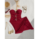 XS - L 6 Colors One Piece Swimsuit Female With Skirt Cut Out Women Swimwear Bandeau Metal Ring Bather Bathing Suit Swim V8108