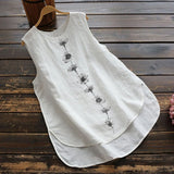 Women Vintage Cotton Linen Tanks Tops Round Neck Floral Print Shirt Summer Sleeveless Blouse Elegant Female Casual Loose Tops