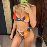 S - XXL Colorful Print High Waist Bikini Female Swimsuit Women Swimwear Three-Pieces Bikini Set Bather Bathing Suit Swim V2805