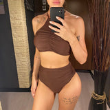 Halter Wrinkled High Neck Female Swimsuit High Waist Bikini Women Swimwear Two-pieces Bikini Set Bather Bathing Suit Swim V5616