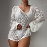 S - XL New V Neck Long Sleeve Crochet Knitted Tunic Beach Cover Up Cover-ups Beach Dress Beach Wear Beachwear Female Women V8284