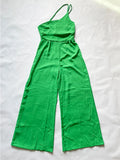 Foridol Waist Folds Backless Double Strap Casual Wide Leg Jumpsuit Long Pants Green 2025 New Female Loose  Jumpsuit