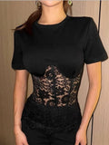 FDYOUI Woman Clothing Lace Patchwork Corset T-shirt 2026 Elegant Sexy Short Sleeve See-through Black Tops Y2K Girls T-shirts
