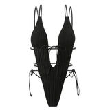 Sexy Wrinkled Swimsuit One Piece Deep V-Neck Bikini Thong Swimwear Bodysuits Women Biquini Bathing Suits Black and White 2 Color