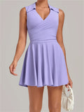 Summer Women Solid Tennis Dresses Sleeveless Turn Down Collar Pleated Skirts with Detachable Pocket Shorts Slim Yoga Golf Dress