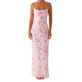 Women Summer Glitter Sequin Beaded Flower Cami Dress Slim High Split Spaghetti Strap Open Back Long Dresses for Party Club
