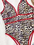 Sexy Red Leopard Print Patchwork Swimwear Women 2025 V Neck Hollow Out Backless One Piece Swimsuit Beach Bathing Suit Monokini