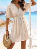 V Neck Lace Short Sleeve Tunic Beach Cover Up Cover-ups Beach Dress Beach Wear Beachwear Female Outfits Bathing kaftan for Women