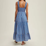 Women Summer Bohemian Floral Print Sundress Smocked Square Neck Sleeveless Backless A-line Long Tiered Ruffle Dress with Pockets