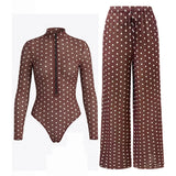 S - XXL Polka Dot Long Sleeve With Zipper Pants One Piece Swimsuit Women Swimwear Female Padded Bather Bathing Suit Swim V8363
