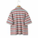 Foridol Burgundy Striped Casual Women T-shirt Summer Loose Polo Shirts Buttons New Female Tops Blouse White Tops Spring Shirt