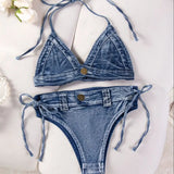 DEKA New Sexy Denim Bikini Set Beach Suit Split Blue Swimsuit Summer Jeans Shorts Female Short Women Two-piece Swimwear