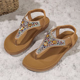 Fashion Rhinestone Bohemian Sandals Women 2025 Summer Clip Toe Flats Beach Sandles Woman Non Slip Elastic Band Sandalias Mujer