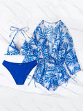 3 Pieces Bikini Tropical Print Swimsuit Halter Drawstring Side Swimwear Women 2026 Bathing Suit Female Swimming Summer Beachwear