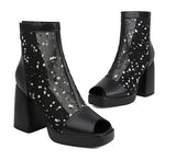 White Polka Dot Mesh Peep Toe Chunky Block Heel Platform Back Zipper Ankle Sandal Boots for Women