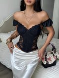 New French Fishbone Camisole Women Black Lace Trim Hollow Out Transparent Corset Tank Top 2026 Summer Club Party Bustier