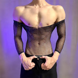 New American Style Fashion Men Vests Tops Crew Neck Sexy Hollow  Mesh Bodysuit Casual  Long Sleeve Tank Clubwear Party Costume