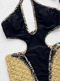 Halter Splicing Hollow Out Cross Backless Women Swimwear One Piece Swimsuit Female Monokini High Cut Bathing Suit Swim Beachwear