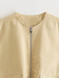 Foridol Padded Beige Waistcoat Folds Winter Sleeveless Vest Coat Turtleneck Pockets Zipper Autumn Thick Warm Parka Jacket