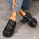 Fashion Double Buckle Platform Loafers Women British Style Thick Bottom Pu Leather Shoes Woman Comfort Round Toe Student Shoes