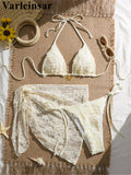 3PCS With Sarong Flower Lace Halter Bikini Women Swimwear Female Swimsuit Three-Pieces Bikini Set Bather Bathing Suit Swim V8277